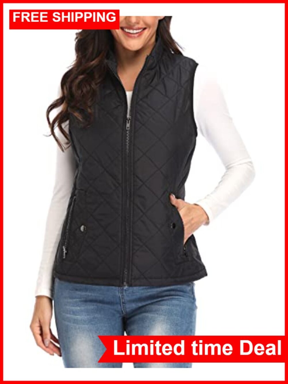Quilted Lightweight Zip Pockets Padded Gilet, Women's Vest, Fall Winter
